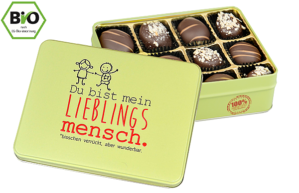 Präsentdose „Lieblingsmensch“ mit Bio Pralinen